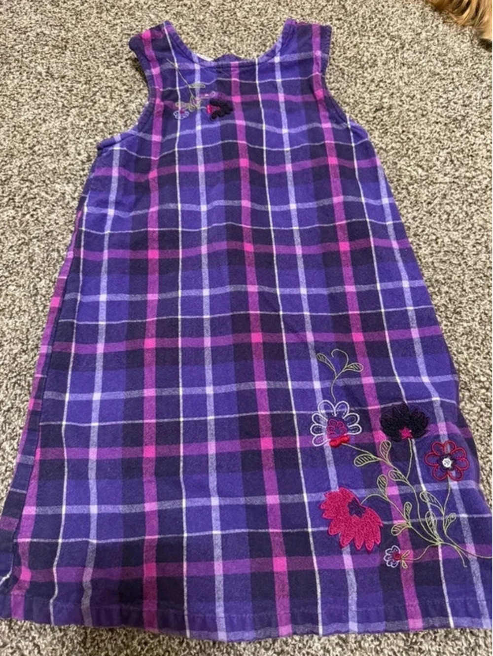 Vintage McKids Girls Size 7 Purple Plaid Floral Embroidered Jumper Dress